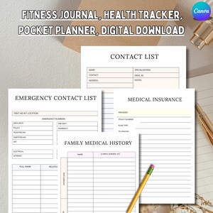 May include: Printable digital download of a fitness journal, health tracker, and pocket planner. The pages include sections for contact lists, emergency contacts, medical insurance, and family medical history.