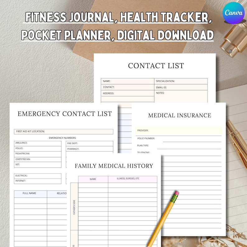 May include: Printable digital download of a fitness journal, health tracker, and pocket planner. The pages include sections for contact lists, emergency contacts, medical insurance, and family medical history.