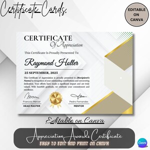 A certificate of appreciation awarded to Raymond Holler on September 25, 2025. It highlights outstanding contributions and dedication, signed by François Mercer (Head Master) and Pedro Fernandes (Mentor), with a gold seal and elegant design.