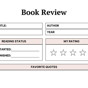 May include: A white book review template featuring the heading Book Review, with fields for Book Title, Author, Genre, Year, Reading Status, Date Started, Date Finished, My Rating with five empty stars, and a large section for Favorite Quotes.