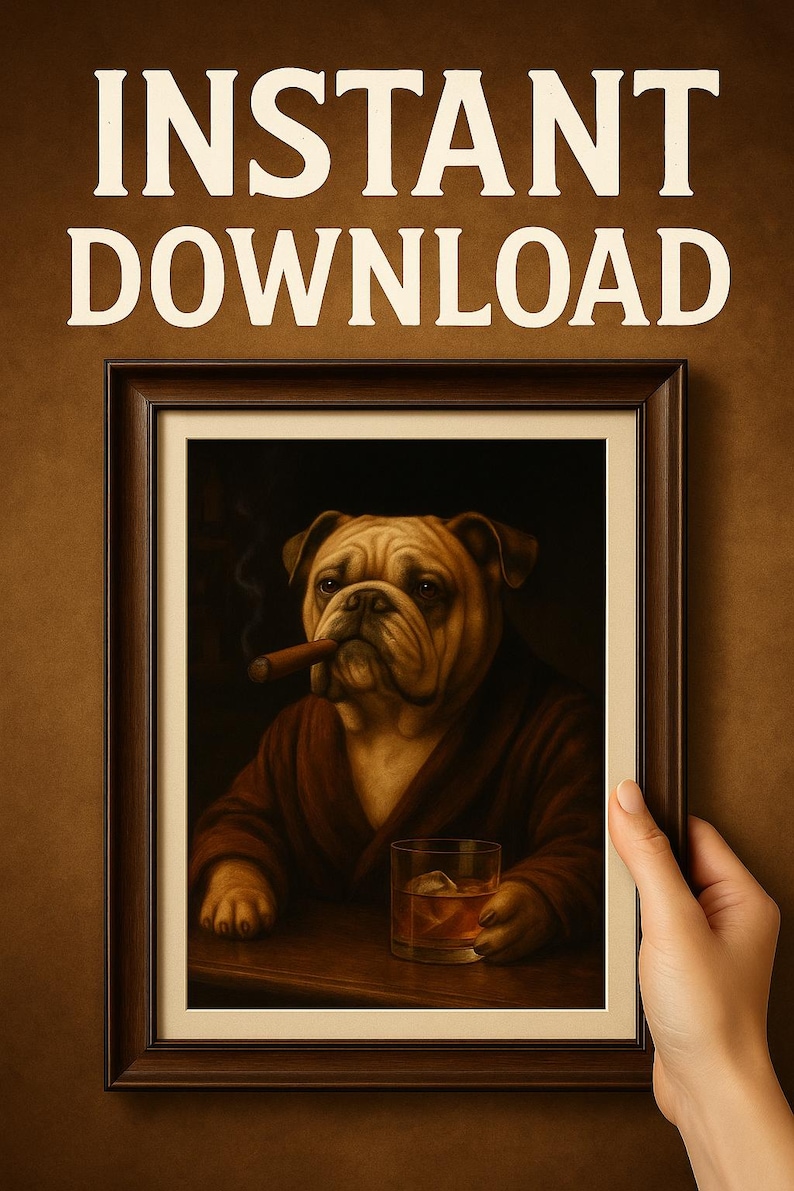 May include: Framed artwork featuring a bulldog in a brown robe, smoking a cigar, and holding a glass of whiskey. The image has a vintage aesthetic. The words "INSTANT DOWNLOAD" are at the top.