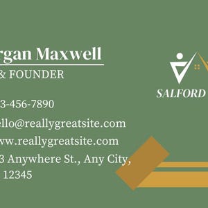 Puede incluir: Una tarjeta de visita verde con detalles dorados. La tarjeta presenta el nombre "Morgan Maxwell", el t&iacute;tulo "CEO & FOUNDER" y la informaci&oacute;n de contacto, que incluye un n&uacute;mero de tel&eacute;fono, una direcci&oacute;n de correo electr&oacute;nico, una direcci&oacute;n de sitio web y una direcci&oacute;n f&iacute;sica. La tarjeta tambi&eacute;n incluye un logotipo con el texto "SALFORD & CO."