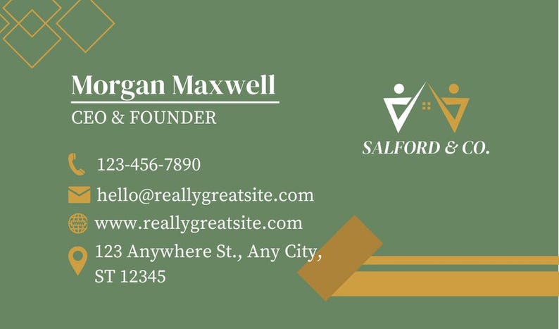 Puede incluir: Una tarjeta de visita verde con detalles dorados. La tarjeta presenta el nombre "Morgan Maxwell", el t&iacute;tulo "CEO & FOUNDER" y la informaci&oacute;n de contacto, que incluye un n&uacute;mero de tel&eacute;fono, una direcci&oacute;n de correo electr&oacute;nico, una direcci&oacute;n de sitio web y una direcci&oacute;n f&iacute;sica. La tarjeta tambi&eacute;n incluye un logotipo con el texto "SALFORD & CO."