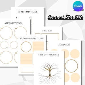 Może przedstawiać: Drukowalna strona dziennika z tytułem "Journal For Life" i kilkoma sekcjami do prowadzenia dziennika, w tym "10 Affirmations", "Mind Map", "Expressing Gratitude", "Tree of Thoughts" i "Mind Map".