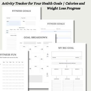 May include: Printable fitness tracker worksheet with sections for fitness goals, goal breakdown, fitness fun, and a big goal. The worksheet includes sections for start and end dates, goal, deadline, and action steps.