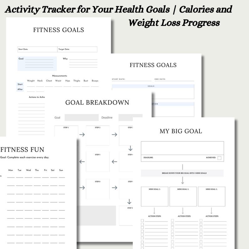May include: Printable fitness tracker worksheet with sections for fitness goals, goal breakdown, fitness fun, and a big goal. The worksheet includes sections for start and end dates, goal, deadline, and action steps.