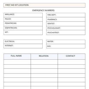 May include: A printable emergency contact list with sections for first aid kit location, emergency numbers, and a contact list with columns for full name, relation, and contact information.