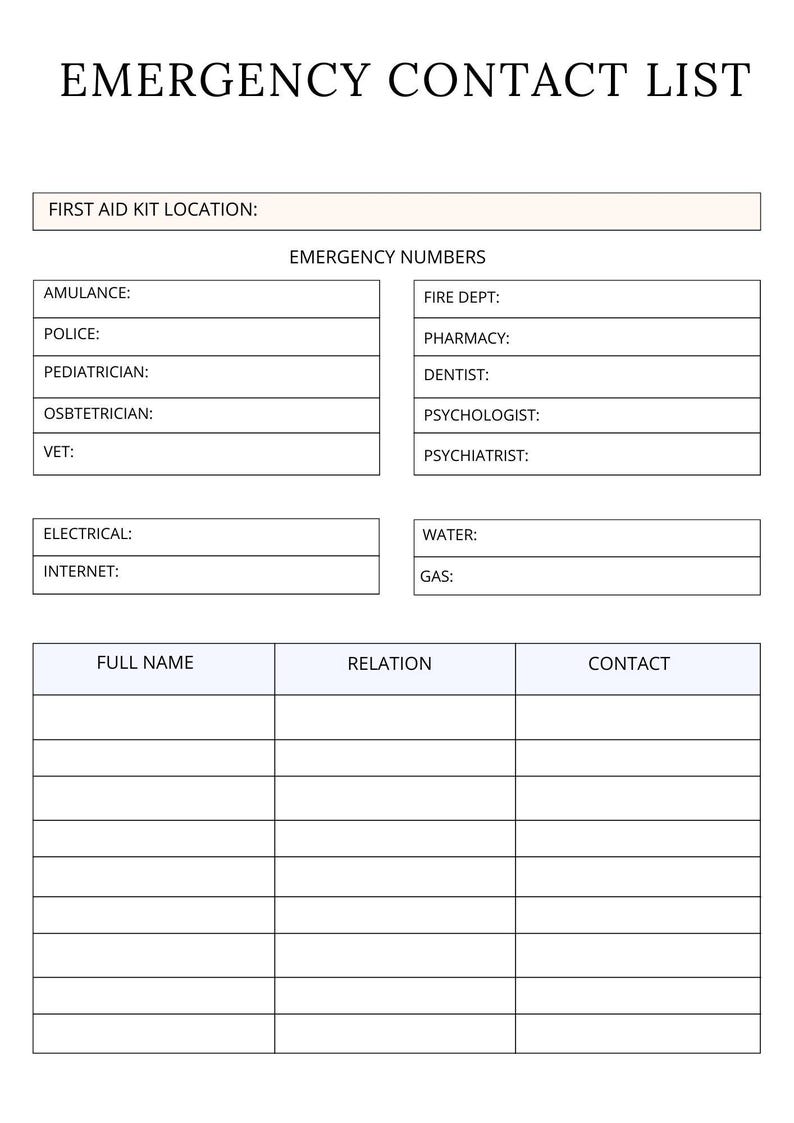 May include: A printable emergency contact list with sections for first aid kit location, emergency numbers, and a contact list with columns for full name, relation, and contact information.