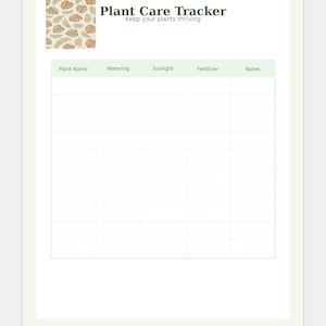 May include: A plant care tracker with a beige background and a light green border. The top left corner features a pattern of green and brown leaves. The title "Plant Care Tracker" is in dark gray, with the subtitle "Keep your plants thriving" below it.