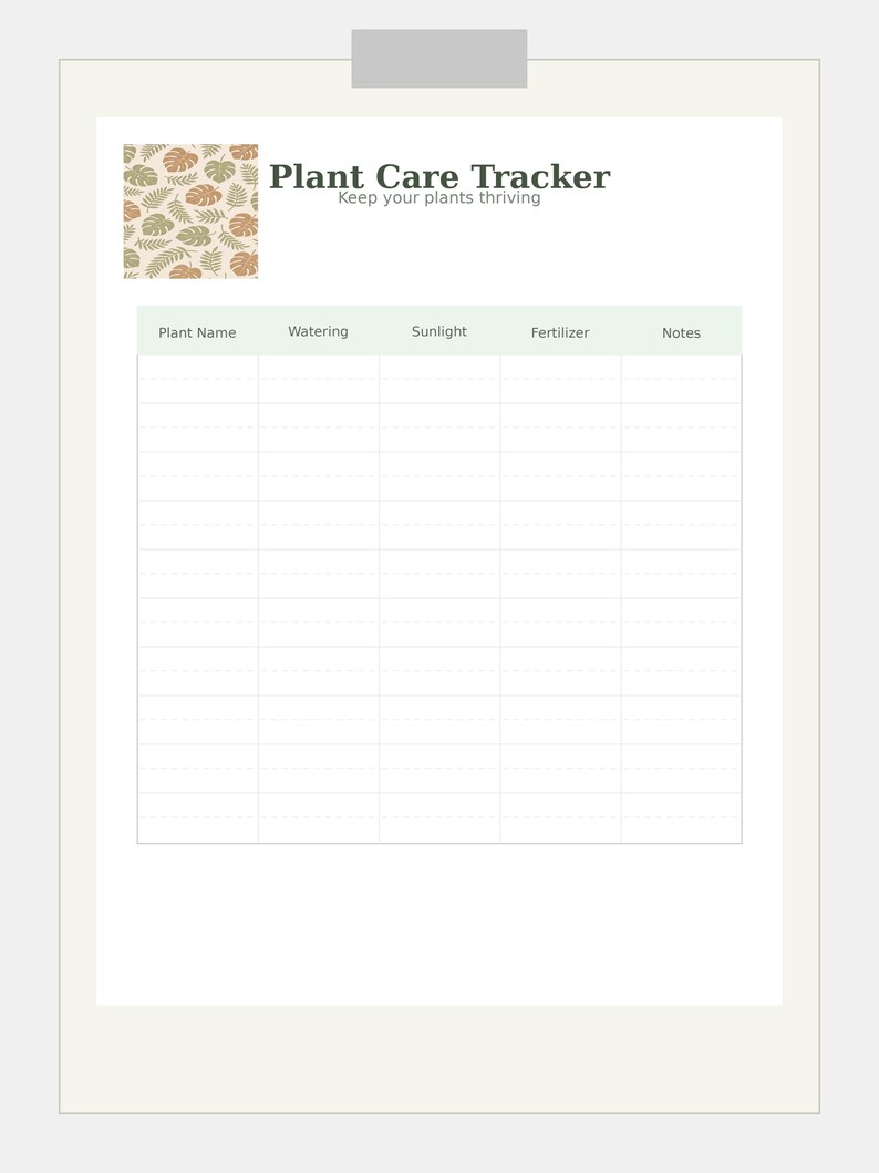 May include: A plant care tracker with a beige background and a light green border. The top left corner features a pattern of green and brown leaves. The title "Plant Care Tracker" is in dark gray, with the subtitle "Keep your plants thriving" below it.