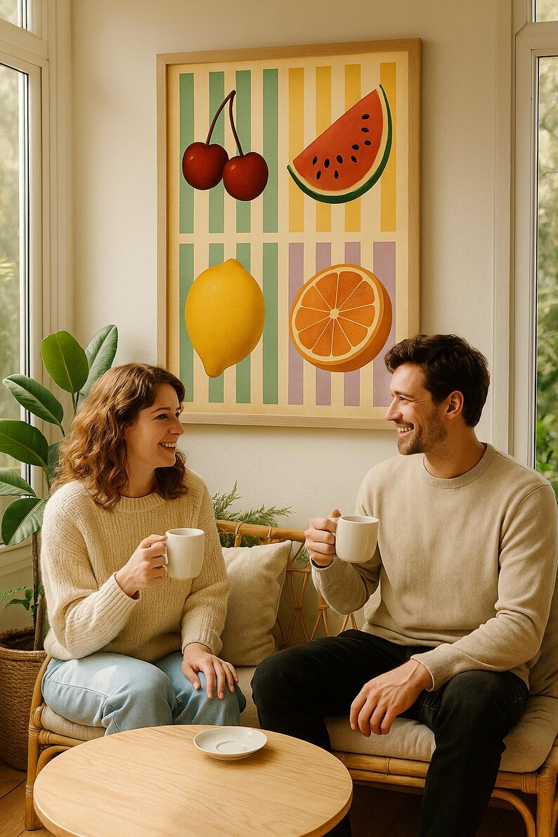 May include: A framed art print featuring illustrations of cherries, watermelon, a lemon, and an orange. The artwork is displayed above a couple seated on a rattan sofa, each holding a white mug. The room has a neutral color palette.
