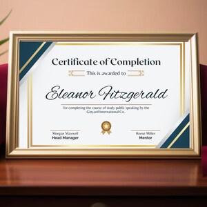 May include: A gold-framed certificate of completion awarded to Eleanor Fitzgerald for completing a public speaking course. The certificate has a blue and gold design with a star and the names of the Head Manager and Mentor.