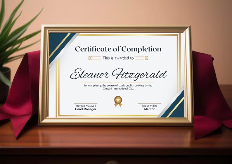 May include: A gold-framed certificate of completion awarded to Eleanor Fitzgerald for completing a public speaking course. The certificate has a blue and gold design with a star and the names of the Head Manager and Mentor.