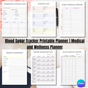 May include: Printable planner with sections for emergency contact list, contact list, family medical history, medical insurance, blood sugar and blood pressure tracking. The planner has a pink and white colour scheme.