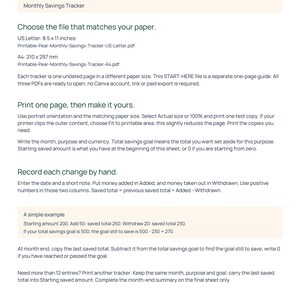 Printable Pear START-HERE guide for the monthly savings tracker, explaining the included files, paper sizes, printing settings and how to enter amounts manually.
