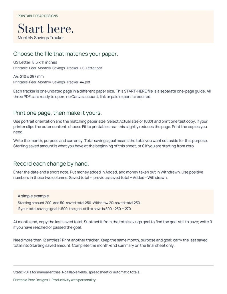 Printable Pear START-HERE guide for the monthly savings tracker, explaining the included files, paper sizes, printing settings and how to enter amounts manually.