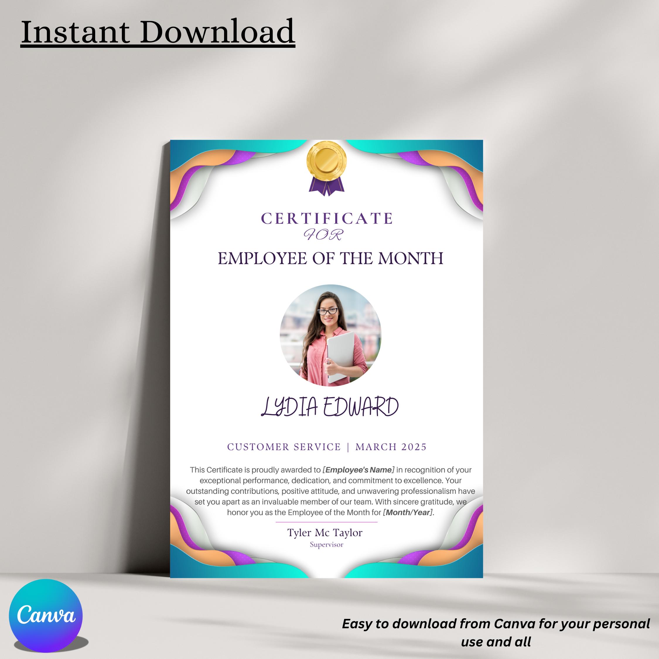 Employee of the Month Certificate, Editable Canva Template, Digital Download listing preview