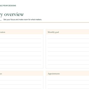 May include: A white printable planner page titled January overview with a pear logo and the text Printable Pear Designs. The layout includes sections for Quote / motivation, Monthly goal, Important dates, and Appointments with lined spaces.