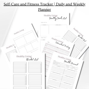 Op de afbeelding: Een set printbare plannerpagina's voor zelfzorg en fitness tracking. De pagina's bevatten secties voor gezond leven, intermitterend vasten, een bucketlist, een gezondheidsdagboek en een lijst met gezonde kruiden.