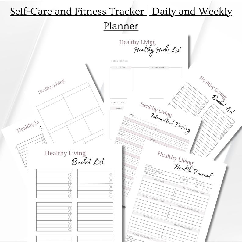 Op de afbeelding: Een set printbare plannerpagina's voor zelfzorg en fitness tracking. De pagina's bevatten secties voor gezond leven, intermitterend vasten, een bucketlist, een gezondheidsdagboek en een lijst met gezonde kruiden.
