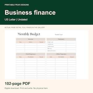Może przedstawiać: Dokument finansowy dla firm do druku z szablonem budżetu miesięcznego. Układ zawiera sekcje dotyczące dochod&oacute;w, podsumowania, wydatk&oacute;w stałych i innych z kolumnami na datę, źr&oacute;dło, opis i kwotę. Tekst zawiera Printable Pear Designs, Business finance, US Letter, Undated i 102-page PDF.
