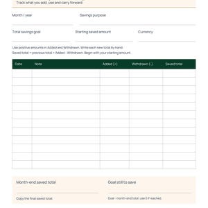 Actual Printable Pear monthly savings tracker in US Letter size, with goal and starting amount fields, a dated additions and withdrawals table, running total and month-end review.