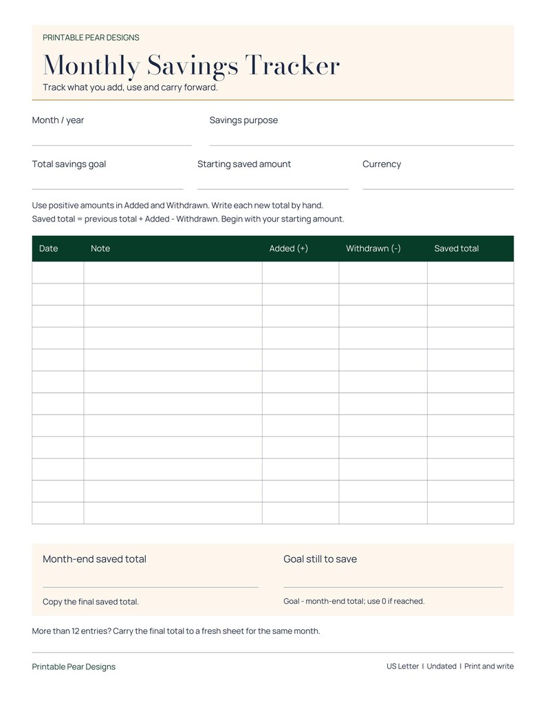 Actual Printable Pear monthly savings tracker in US Letter size, with goal and starting amount fields, a dated additions and withdrawals table, running total and month-end review.