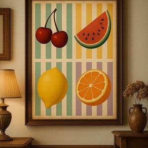 May include: A framed print featuring illustrations of fruit. The artwork includes two cherries, a watermelon slice, a lemon, and an orange half. The background has vertical stripes in green, yellow, and purple.
