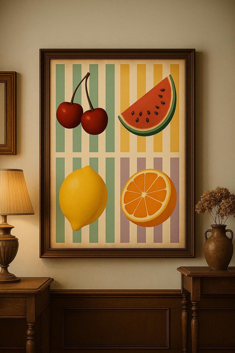 May include: A framed print featuring illustrations of fruit. The artwork includes two cherries, a watermelon slice, a lemon, and an orange half. The background has vertical stripes in green, yellow, and purple.