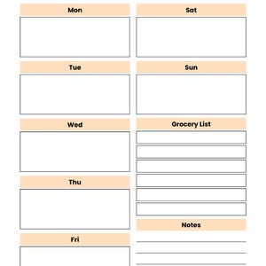 Actual Weekly Meal Planner page with Monday through Sunday boxes, a grocery list, notes lines and a blank week field.