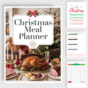 Christmas Meal Planner cover with a festive dinner photo, beside previews of the personal-details page, Breakfast/Lunch/Dinner/Snacks planner and expense log.