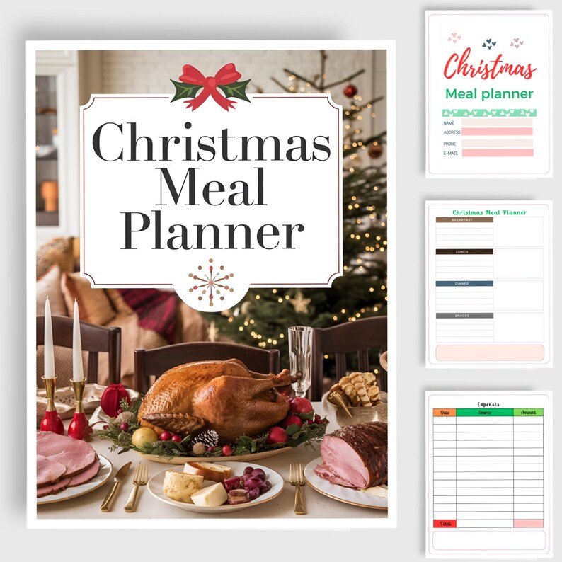 Christmas Meal Planner cover with a festive dinner photo, beside previews of the personal-details page, Breakfast/Lunch/Dinner/Snacks planner and expense log.