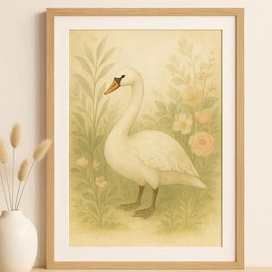 May include: A framed art print depicting a white swan with an orange beak, surrounded by soft green foliage and peach-toned flowers. The artwork has a vintage, watercolour style, set against a cream background.