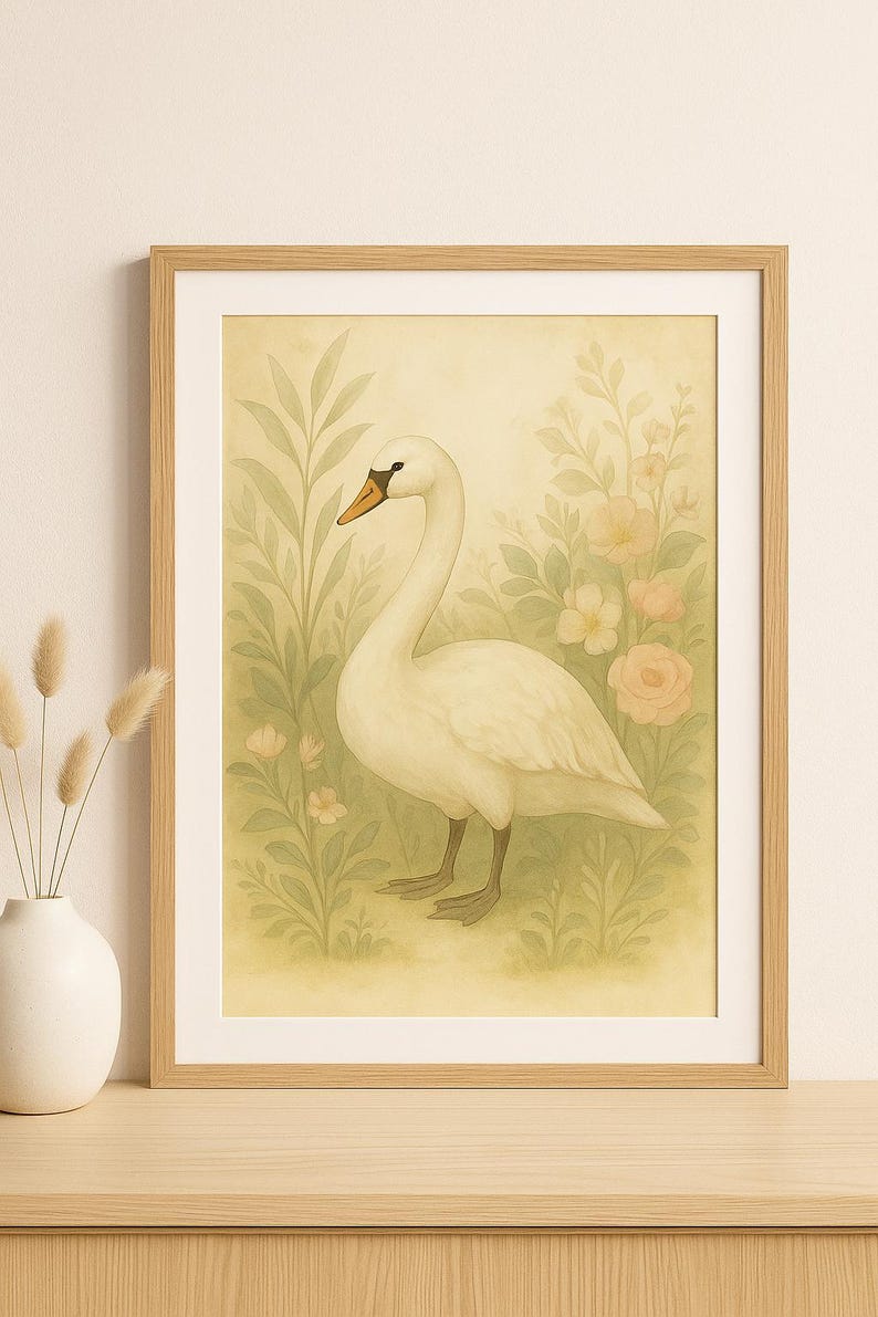 May include: A framed art print depicting a white swan with an orange beak, surrounded by soft green foliage and peach-toned flowers. The artwork has a vintage, watercolour style, set against a cream background.