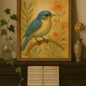 May include: A framed watercolour painting of a blue and yellow bird perched on a branch, with orange flowers and green foliage. The painting is on a dark wooden surface, with sheet music and a piano keyboard in the foreground.