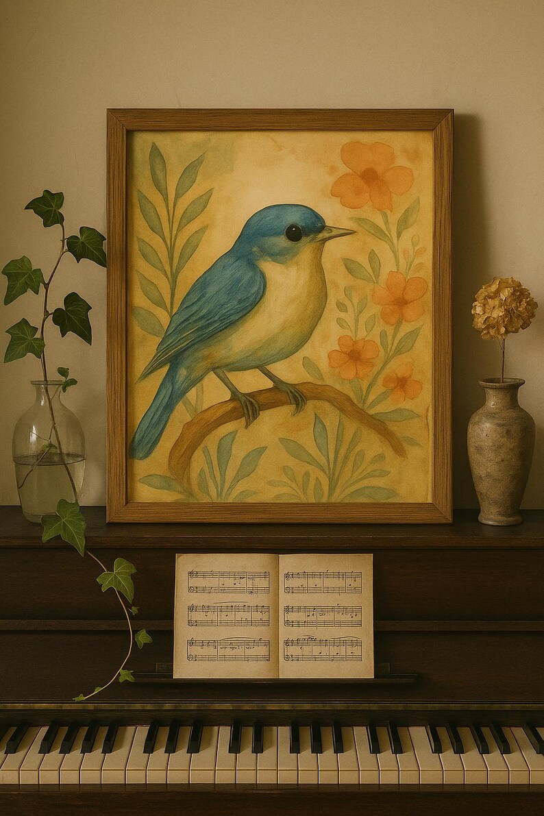May include: A framed watercolour painting of a blue and yellow bird perched on a branch, with orange flowers and green foliage. The painting is on a dark wooden surface, with sheet music and a piano keyboard in the foreground.