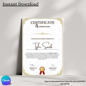 May include: A printable certificate of appreciation with a gold border and a red ribbon. The certificate is presented to Tyler Smith. The text reads "Certificate of Appreciation" and "This certificate is proudly presented to".