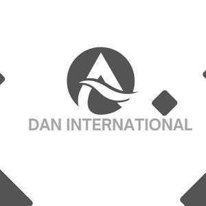Logo side shown in the business card preview: dark geometric corners surround a sample DAN INTERNATIONAL logo on white.