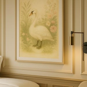May include: A framed watercolour print of a white swan amidst soft green foliage and pink flowers. The artwork has a vintage aesthetic, with a light beige background and a simple wooden frame. The print is mounted on a cream-coloured wall.