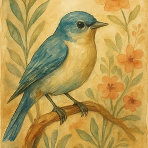 May include: Watercolour painting of a bluebird perched on a branch, surrounded by orange flowers and green leaves. The bird has blue feathers on its back and wings, and a yellow breast. The background is a warm, muted yellow.