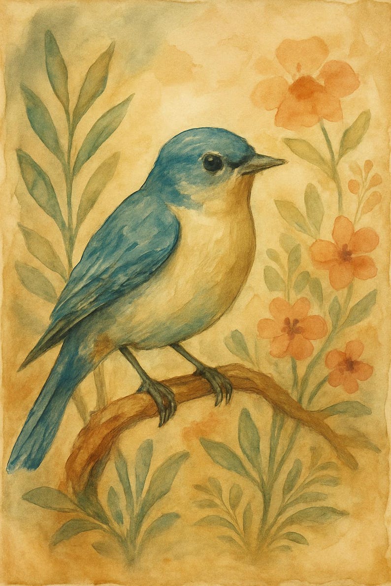 May include: Watercolour painting of a bluebird perched on a branch, surrounded by orange flowers and green leaves. The bird has blue feathers on its back and wings, and a yellow breast. The background is a warm, muted yellow.