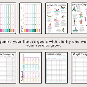 May include: A collection of fitness-themed printables, including walking, running, and strength training logs, exercise guides, a food journal, and a calorie tracker. The text "Organize your fitness goals with clarity and watch your results grow" is also included.