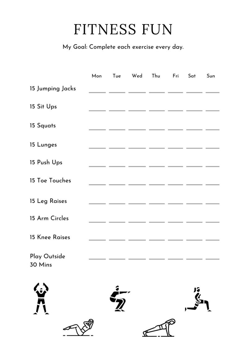 May include: A printable fitness tracker for kids with a black and white illustration of a person doing jumping jacks, sit ups, squats, lunges, push ups, toe touches, leg raises, arm circles, knee raises, and playing outside. The tracker includes a checklist for each day of the week.