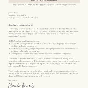 May include: A cover letter for a Social Media Marketer position at Founder Rimberio Co. The letter highlights the applicant's experience in driving engagement, brand visibility, and lead generation through social media strategies. The applicant is confident in their ability to contribute to the organization's success.