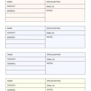 May include: A blank contact list template with four sections for recording names, contact information, specialisation, email ID, and notes.