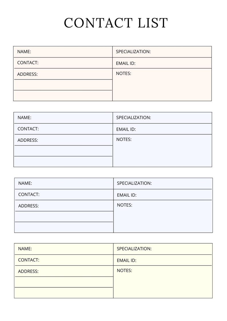 May include: A blank contact list template with four sections for recording names, contact information, specialisation, email ID, and notes.