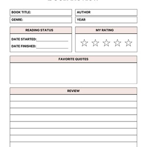 May include: A white book review template with black text featuring fields for Book Title, Author, Genre, Year, Reading Status with Date Started and Date Finished, a five-star rating section, a Favorite Quotes box, and a lined Review section.