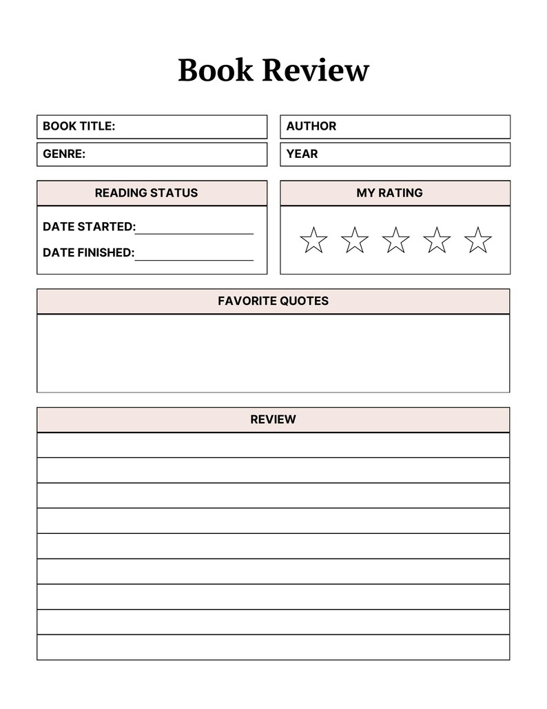 May include: A white book review template with black text featuring fields for Book Title, Author, Genre, Year, Reading Status with Date Started and Date Finished, a five-star rating section, a Favorite Quotes box, and a lined Review section.