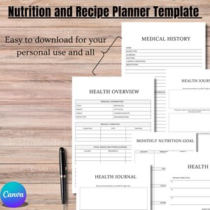 May include: A printable nutrition and recipe planner template with sections for medical history, health overview, monthly nutrition goals, and a health journal. The template is designed to help users track their health and nutrition.