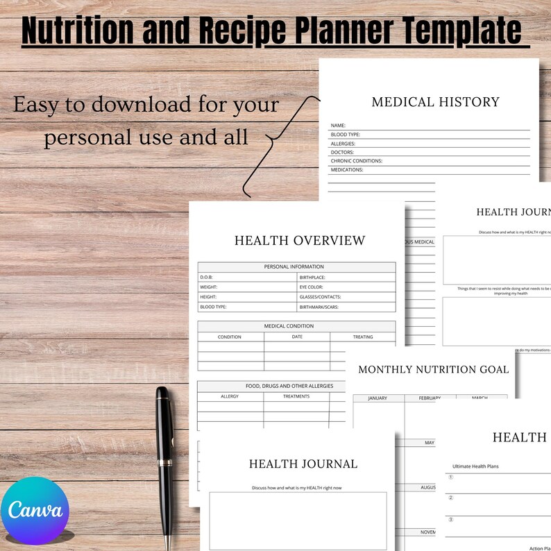 May include: A printable nutrition and recipe planner template with sections for medical history, health overview, monthly nutrition goals, and a health journal. The template is designed to help users track their health and nutrition.